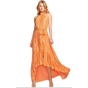 NWT‎ RAMY BROOK Halter Kenza Orange Metallic Silk Maxi Dress, Ruffle Hem XXS